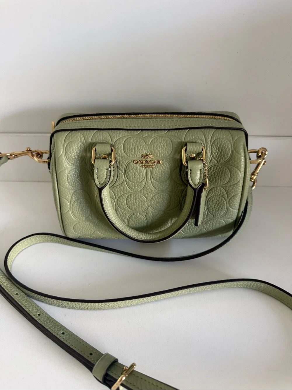 Coach Signature Mini Rowan Embossed Leather Satchel in Light Green